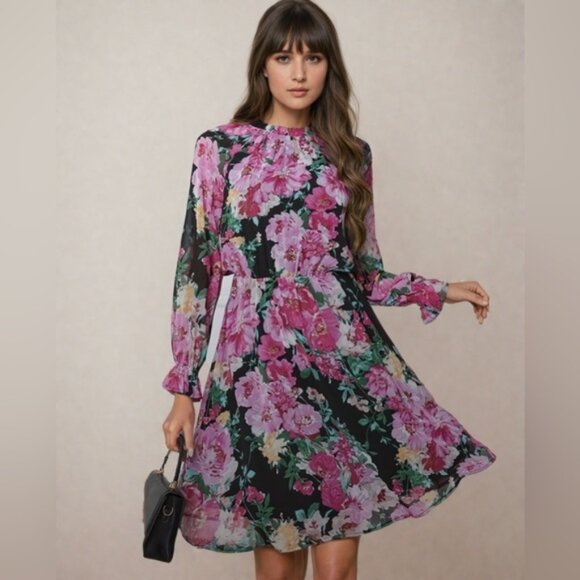 Boho Floral Print Flounce Sleeve Chiffon Dress - Picture 1 of 9